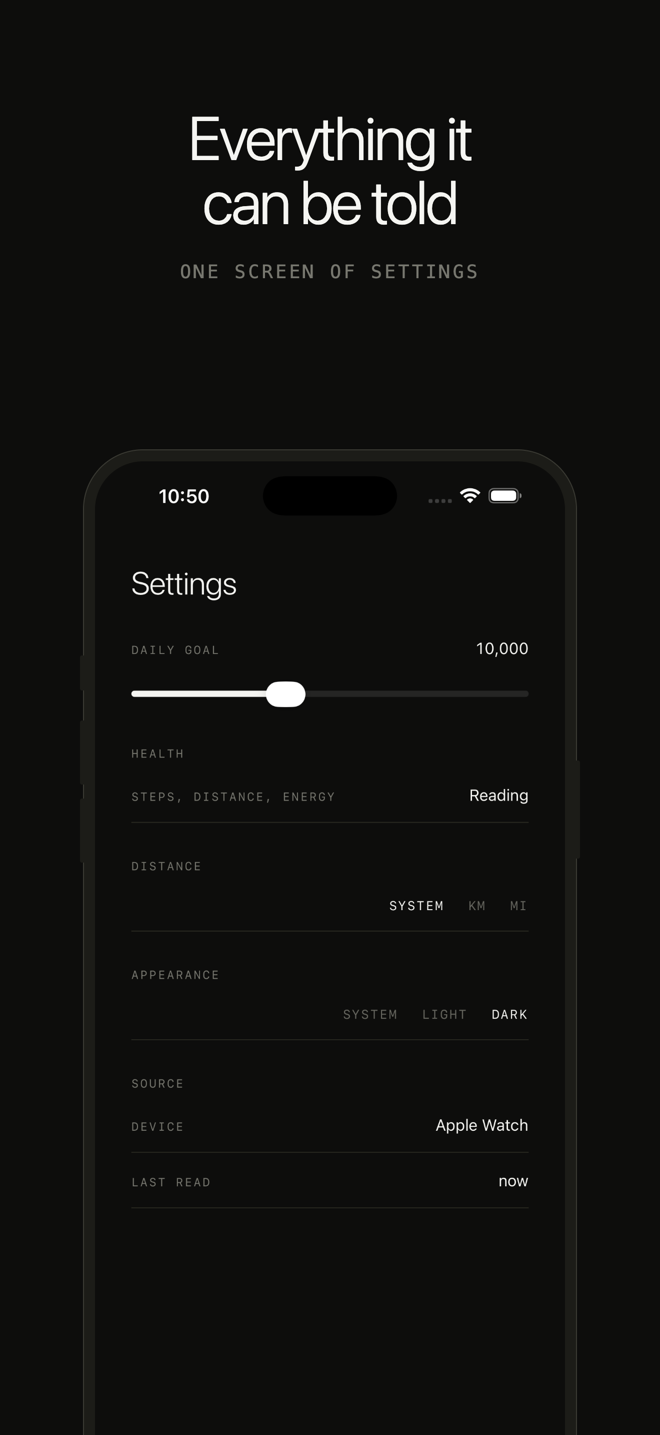 The Settings screen: daily goal, health access, units, appearance.