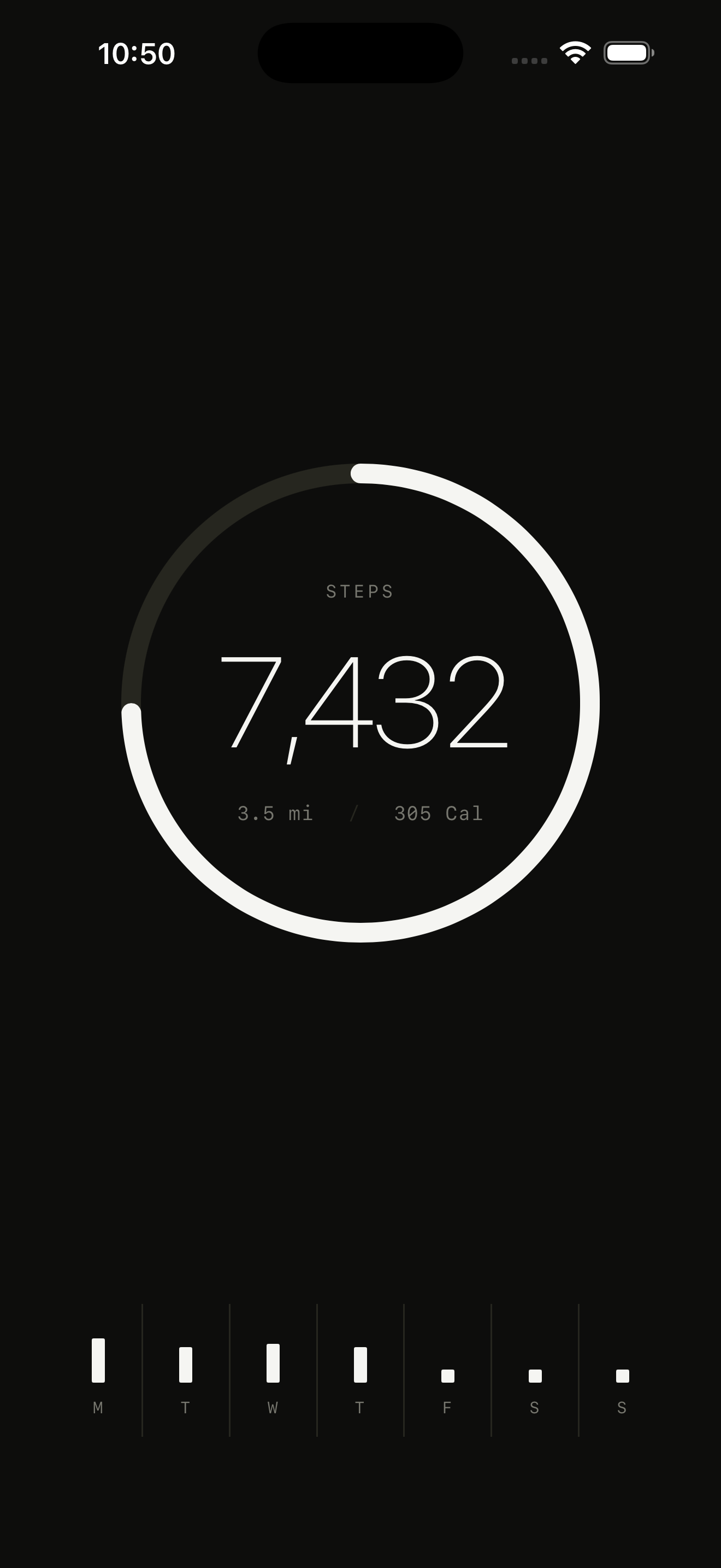 Tally Steps on iPhone: a ring showing 7,432 steps against a 10,000 goal, with the daily goal slider and week strip below.