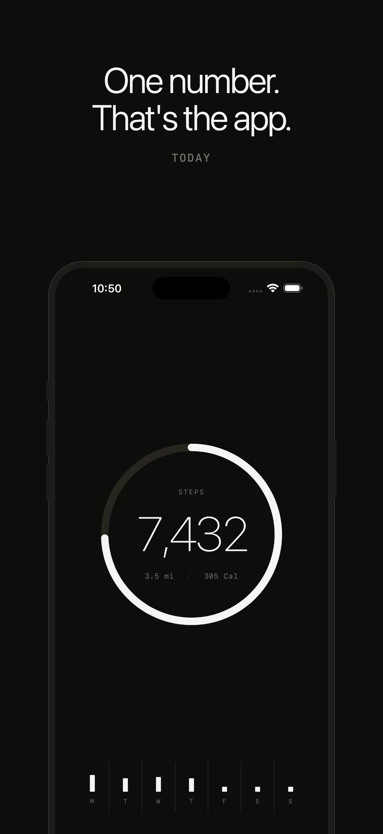 The Today screen: a ring showing 7,432 steps against a 10,000 goal.