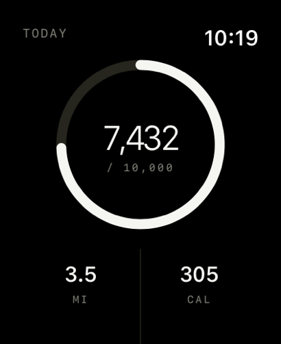 The Tally Steps watch app showing a ring, the step count, distance and calories.