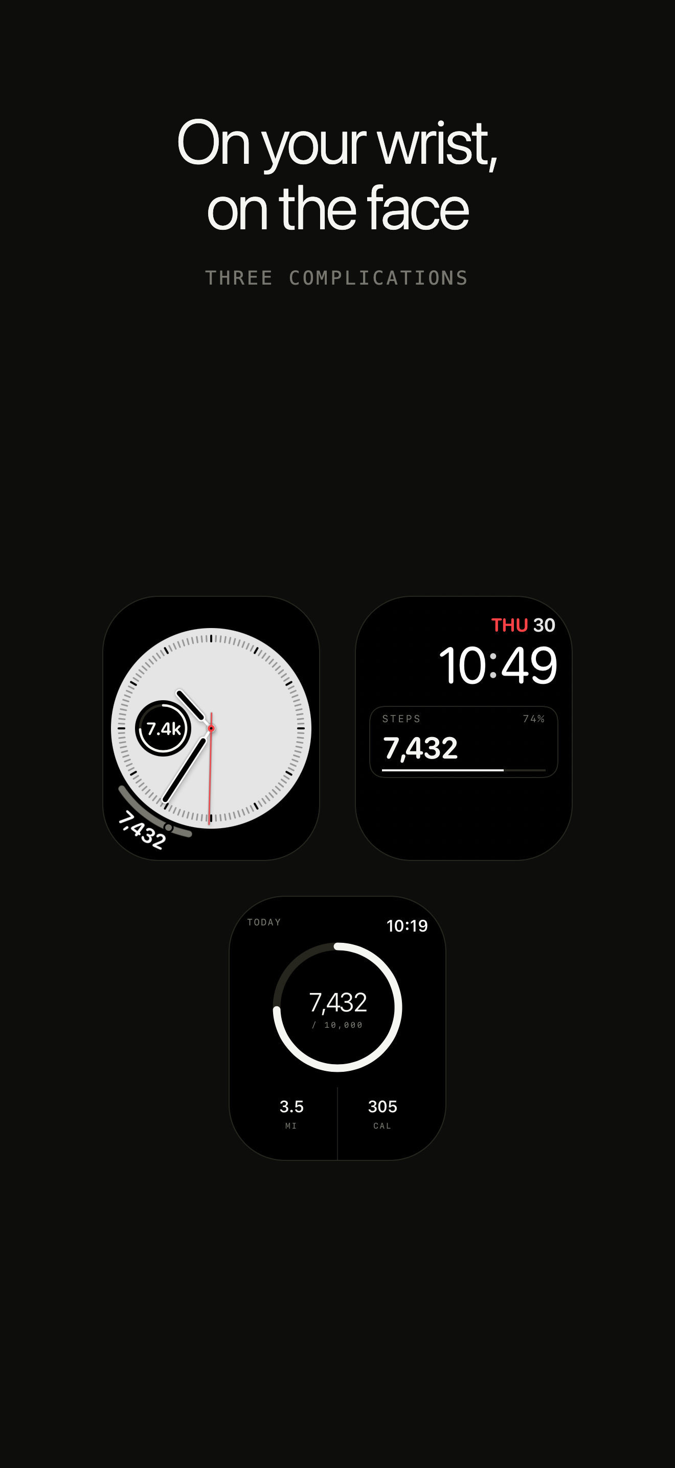 Two watch faces carrying Tally complications, and the watch app.